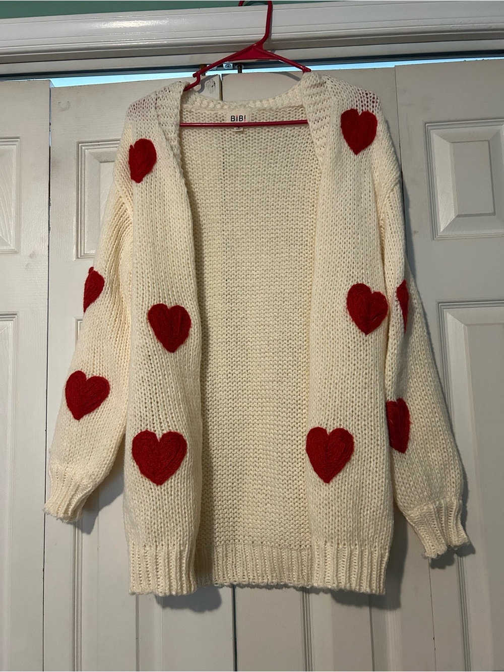 BiBi Cream Open Cardigan with Red Heart Patches